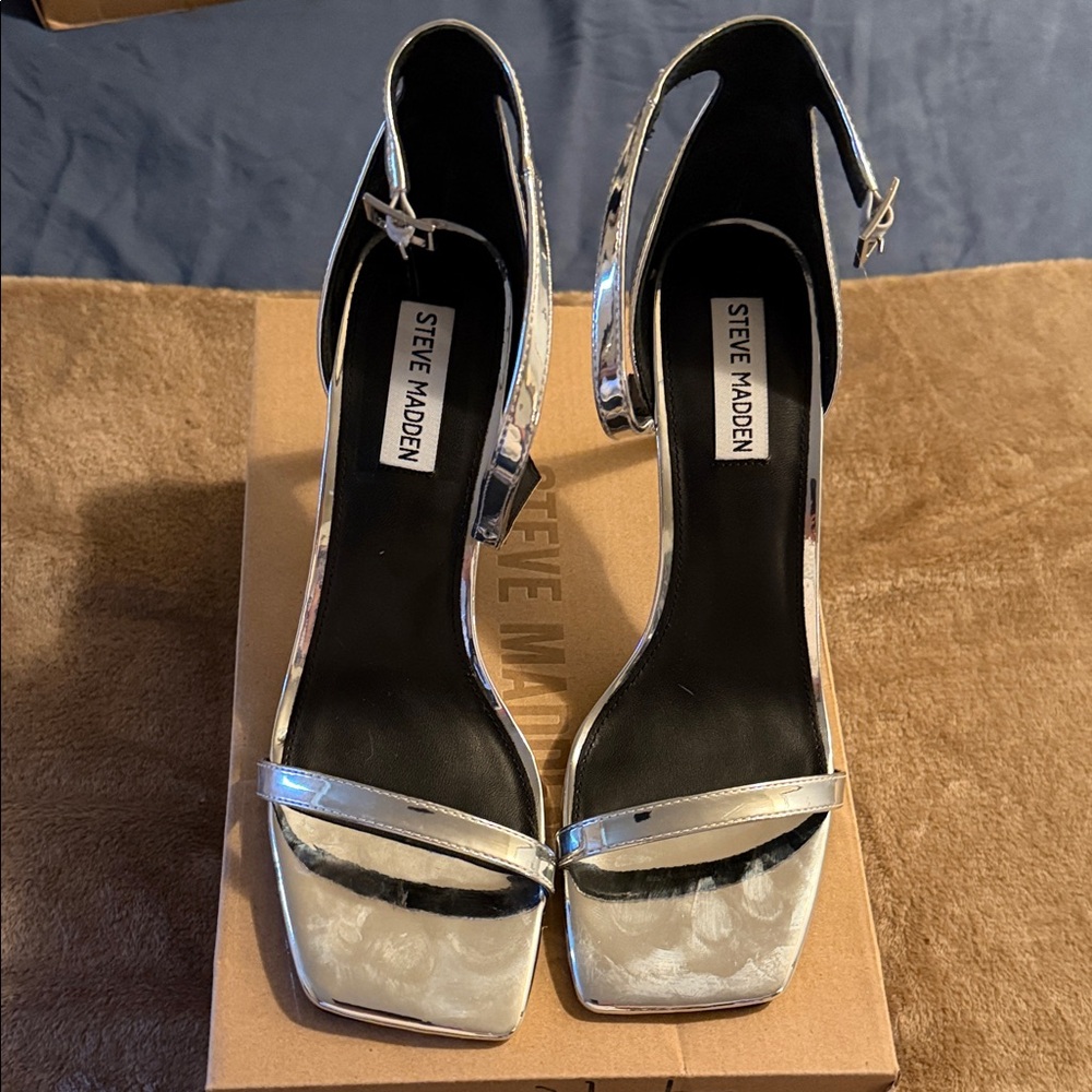 Steve Madden Shiny Silver Ankle Strap Heels